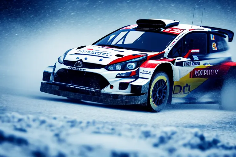 Image similar to wrc rally car drifting sideways on ice, photoreal, dynamic scene, dynamic lighting, 8 k, motion blur, dust, trending on artstation, higly detailed, ( higly detailed ), styleframe, crowned, artwork by wlop