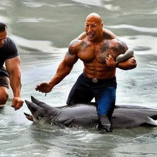 Prompt: dwayne johnson saving a kitten from a shark