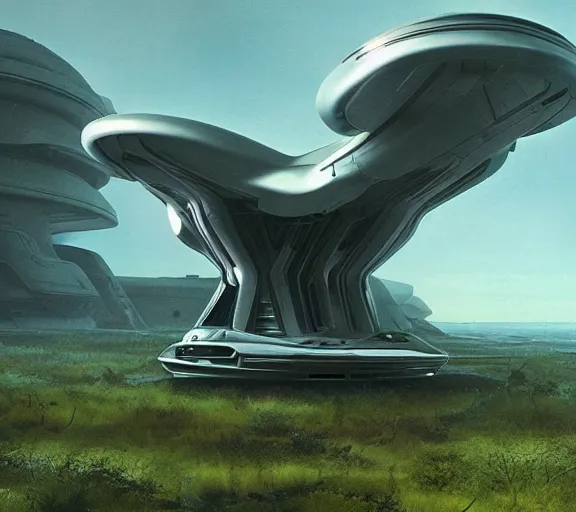 Image similar to alien spaceship landing in earth by jim burns and beeple