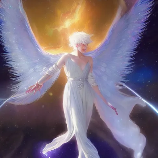 Prompt: harmony of white haired angel yoongi wearing greek clothes, muted colors, nebula background, neon sparkles everywhere, big wings, dynamic hair movement, + + + + dynamic pose, holographic space, glowing effect, j. c leyendecker, by alan lee, wlop! illustrated by starember, fantasy art by craig mullins