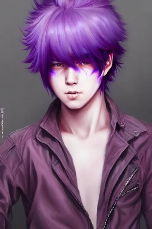 Image similar to gorgeous!!! hyper - realistic teenager boy with purple hair, purple eyes with red eye markets, wearing combat japanese clothes, holding a fan | drawn by wlop, drawn by jeehyung lee, drawn by artgerm | intricate, highly detailed, digital painting, character design, concept art, illustration, artstation