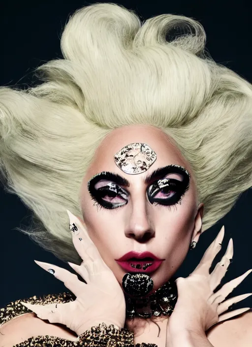 Prompt: lady gaga styled by nick knight posing, photohoot, set pieces, intricate set, vogue magazine, canon, highly realistic. high resolution. highly detailed. dramatic. 8 k. 4 k.