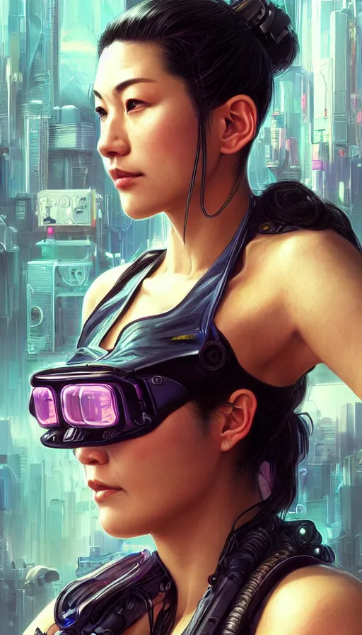 Image similar to cyberpunk, perfectly-centered-Portrait of the most beautiful women on the planet, mechanic, lost, visor, yakuza, sweaty, asian, insane, intricate, highly detailed, digital painting, artstation, concept art, smooth, sharp focus, illustration, Unreal Engine 5, 8K, art by artgerm and greg rutkowski and alphonse mucha