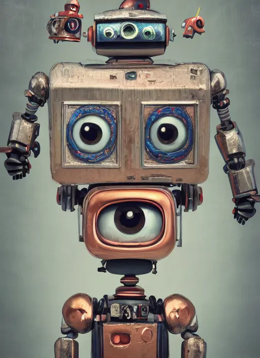 Image similar to closeup portrait of tin toy robot city, depth of field, zeiss lens, detailed, symmetrical, centered, fashion photoshoot, by nicoletta ceccoli, mark ryden, lostfish, breathtaking, 8 k resolution, extremely detailed, beautiful, establishing shot, artistic, hyperrealistic, octane render