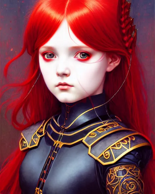 Image similar to portrait of beautiful cute young goth maiden girl with red hair in warhammer armor, art by ( ( ( kuvshinov ilya ) ) ) and wayne barlowe and gustav klimt and artgerm and wlop and william - adolphe bouguereau