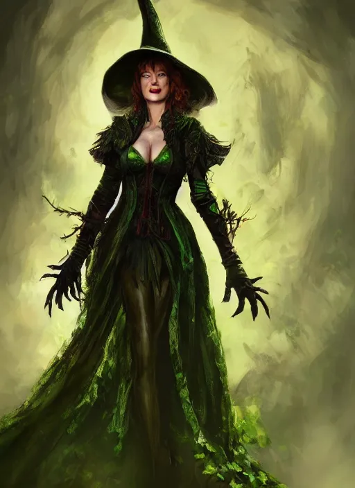 Image similar to beautiful female wicked witch, milla jovovich as the wicked witch of the west, full body character concept, armor, super powers, fantasy, intricate, elegant, highly detailed, digital painting, artstation, concept art, shining, sharp focus, illustration, art by stanley lau