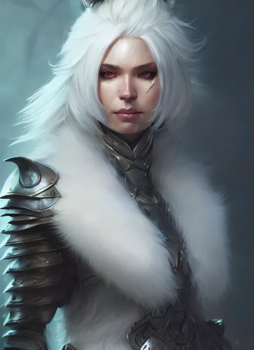 Image similar to fur - lined armor!!! beautiful and elegant white haired female!! gorgeous ayes!! character concept art, sharp focus, octane render! unreal engine 5! highly rendered!! trending on artstation!! detailed linework!! illustration by bussiere rutkowski andreas rocha