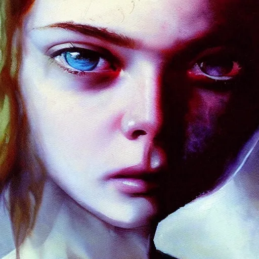 Prompt: ultra realistic medium shot masterpiece portrait painting of elle fanning in the painted world of resident evil and bruce pennington, apocalypse, cosmic horror, artstation, art by frank frazetta, 4 k, ultra realistic, highly detailed, epic lighting