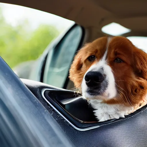 Prompt: a dog driving a car