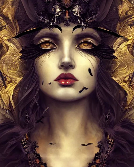 Image similar to goddess of crows, unusual beauty, emotionally evoking symbolic metaphors, head in focus, fantasy, ornamental, intricate, elegant, sensual, highly detailed digital painting, artstation, concept art, painterly, golden ratio, sharp focus, illustration, art by John Collier and Krenz Cushart and Artem Demura and and Greg Rutkowski and Alphonse Mucha and Albert Aublet