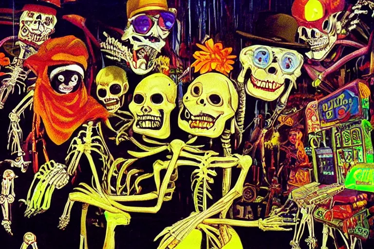 Image similar to scene from fear and loathing in las vegas, day of the dead, cyber skeleton, neon painting by otto dix