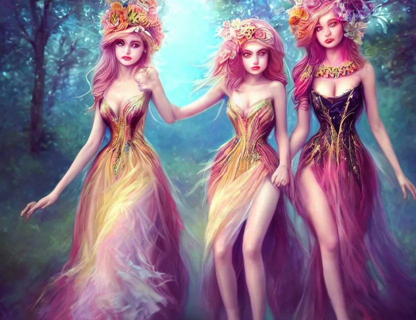 Prompt: two beautiful fashion girls wear fantasy dress in festival | | big eyes, sunny, dreamlike art, realistic shaded, smile, good looking, hyper details, 4 k realistic, cryengine, realistic shaded lighting poster by artgerm, ross tran, fuji choko, loish, 8 k resolution, trending on artstation, luxury