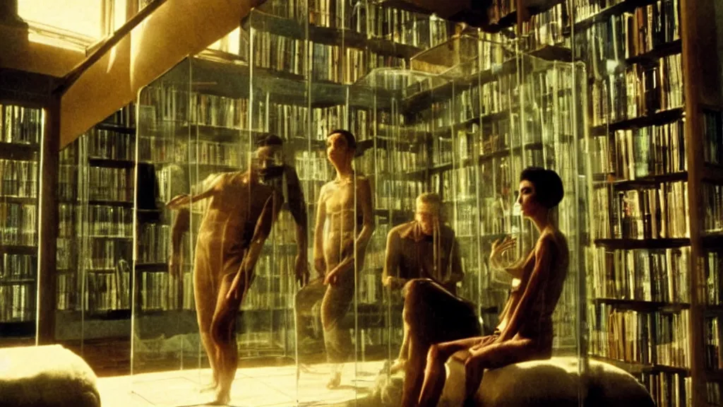 Prompt: the transparent library, film still from the movie directed by denis villeneuve and david cronenberg with art direction by salvador dali and frank frazetta