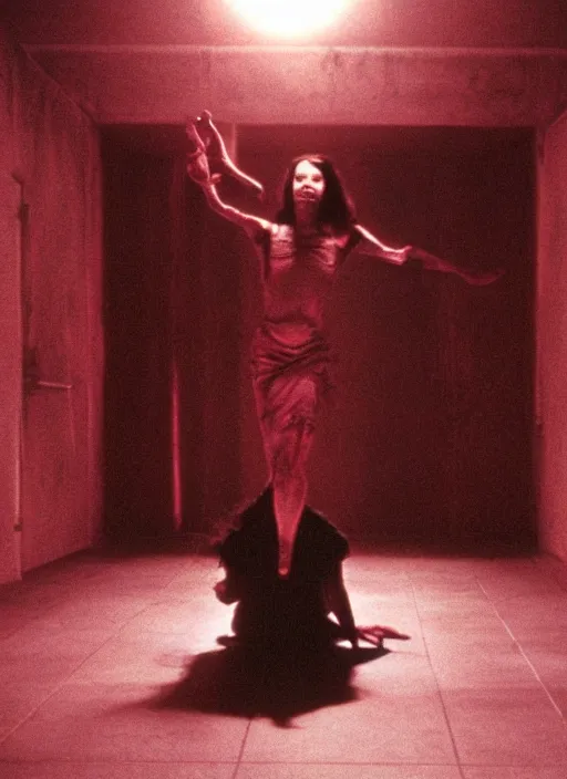 Prompt: horror practical fx of a human monster in the middle of a room in the night by dario argento suspiria light