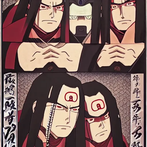 Image similar to history picture of madara uchiha versus hashirama senju ukiyo style with details