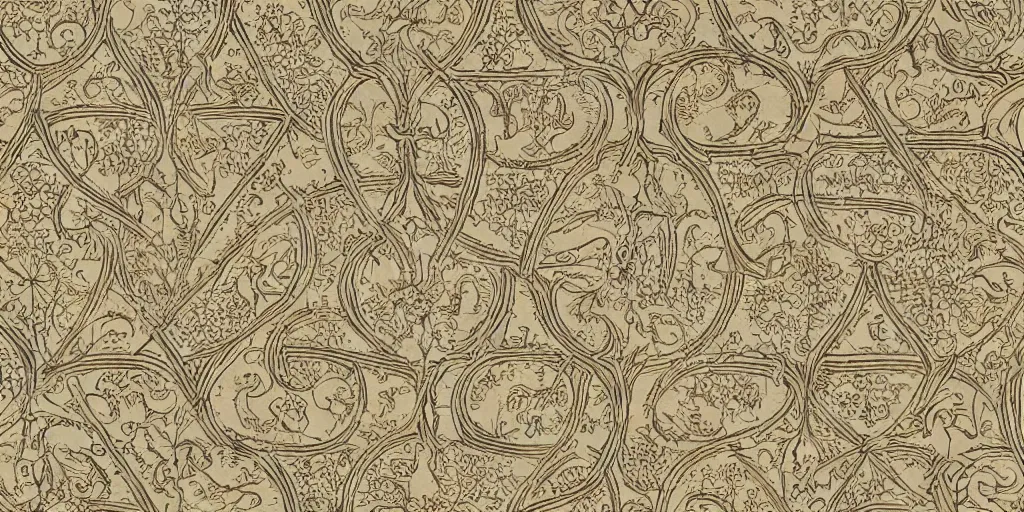 Image similar to scan of old symmetrical patterned wallpaper showing hay creatures and cryptic occult alpine symbols and dolomites