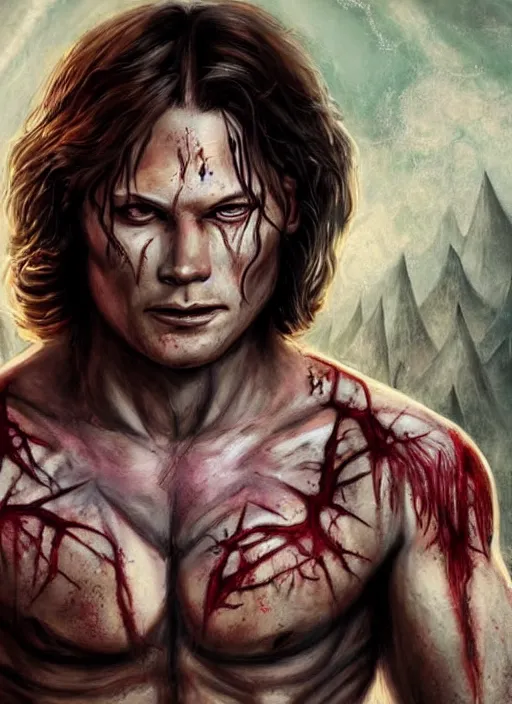 Image similar to Sam Winchester as a muscular half-blood werewolf with religious tattoos on chest and neck, stained and bleeding, magic overlays, magic flames, open portal with runes in the background, romance book cover style, D&D illustration style, (octane render) fantasy style, sharp focus, ultra detailed, art by Artgerm and Peter Andrew Jones, Ayami Kojima, Amano and Olivier Ledroit