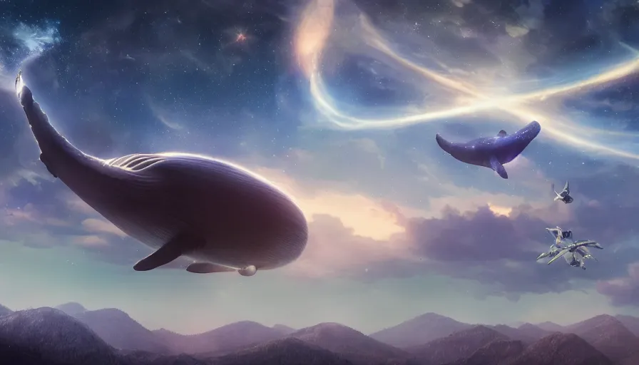 Image similar to highly detailed cinematic scifi render of a flying whale over the tuscany skies, cypresses and hills, stars and planets, hyper detailed, digital art, led lighting, studio quality, smooth render, unreal engine 5, octane render, trending on artstaion.