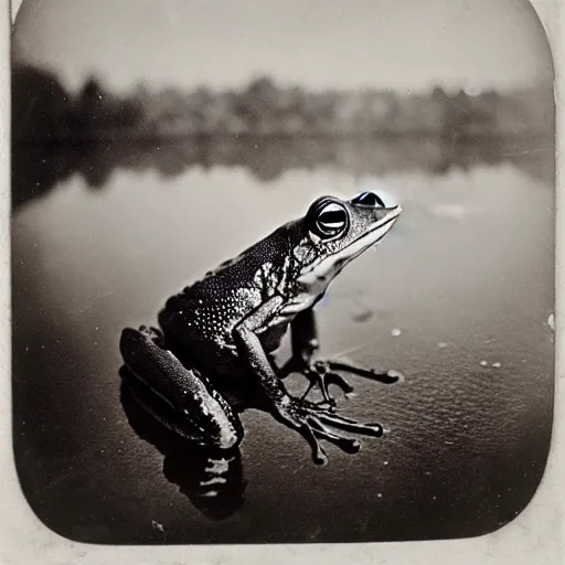 Prompt: Victorian Photograph of a frog in a swamp