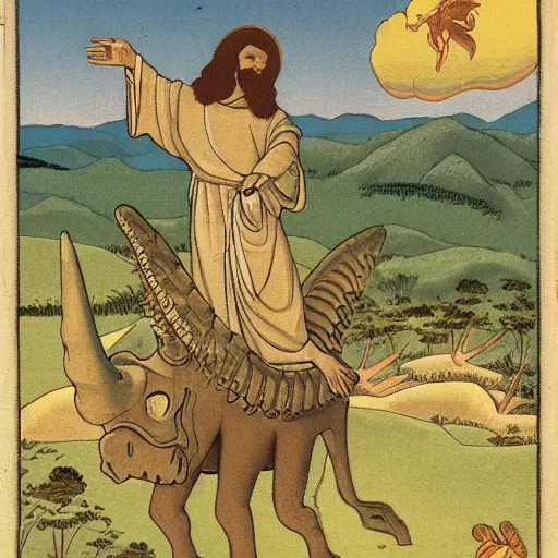 Prompt: jesus riding a triceratops and looking from a hill down on the savannah, okiyo - e style