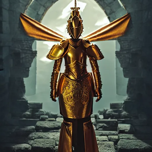 Image similar to An portrait of a female Knights of Zodiac, golden and copper armor, at ancinet Agora of Athens, ruins, Golden Light, illustration, art by greg rutkowski, Daeho Cha and WLOP, volumetric light, lightrays, smoke, cinematic, intricate, hypermaximalist, super detailed