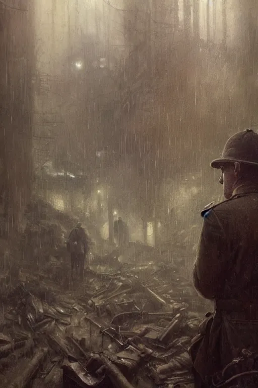 Image similar to , h p lovecraft at the trenches of somme hyperrealistic portrait, rainy weather, bladerunner street, art of elysium by jeremy mann and alphonse mucha and greg rutkowski, fantasy art, photo realistic, dynamic lighting, artstation, poster, volumetric lighting, very detailed face, 4 k, award winning