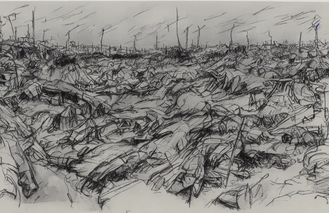 Image similar to milt kahl sketch of world war 1 trenches with the city of miami in the background