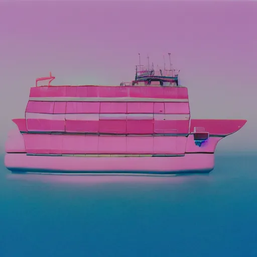 Image similar to a pastel colour high fidelity wide angle Polaroid art photo from a holiday album at a seaside of a large pink ship in the sea surrounded with abstract inflatables, all objects made of transparent iridescent Perspex and metallic silver, a grid of sun beds iridescence, nostalgic