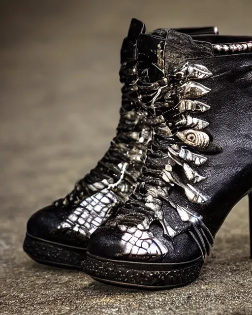 Prompt: stylish shoe design,One pair of shoes, killer boots, scorpions, spiders, high soles, battle shoes, metal, heavy metal rave shoes, photorealistic, high resolution, highly detailed, details, good clear quality