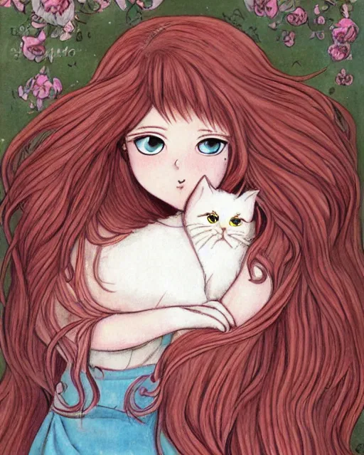 Image similar to a portrait of a young woman with very long pink hair undulating on the wind, light brown eyes, slightly chubby, pale skin, pretty, cute, holding a white cat. by naoko takeuchi