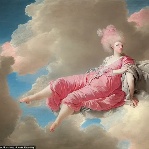 Prompt: heaven on pink clouds adopts the language of Rococo, reimagining the dynamism of works by eighteenth-century artists such as Giovanni Battista Tiepolo, François Boucher, Nicolas Lancret and Jean-Antoine Watteau through a filter of contemporary cultural references including film, food and consumerism