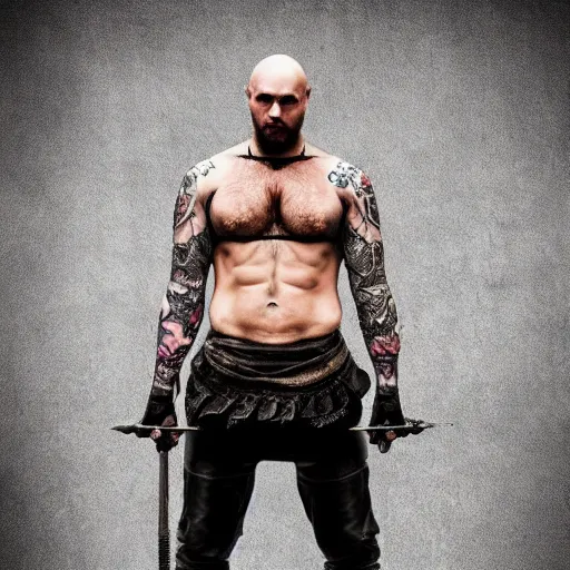 Image similar to muscular bald man, tattooed body, sword in hands, HD, anime style,