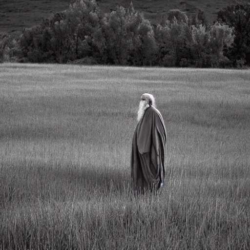 Prompt: old prophet wandering about a meadow. cool twilight lighting, early morning, iso 1 2 0 0