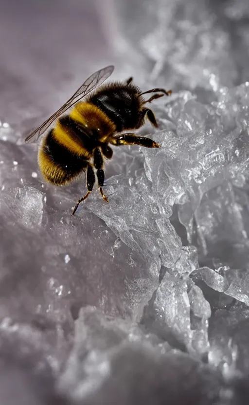 Image similar to the last bee entrapped under a sheet of ice, beautiful macro photography, cold ambient light