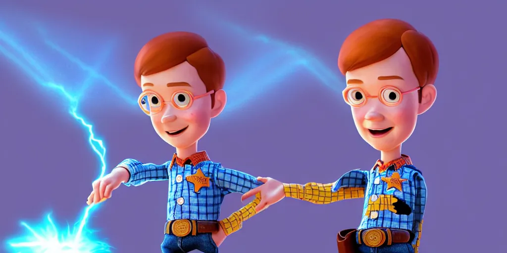 Image similar to a young boy mage that looks like andy from toy story and is at his desk working on a new spell that is casting out flowing energy, colorful, flowing energy, light rays, consistent face, medium shot, waist up, pixar and disney animation, sharp, concept art, highly detailed, trending on artstation, bloom, dramatic lighting, cinematic