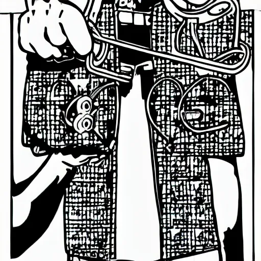 Prompt: a man holding bolt cutters. childrens coloring book, chris ware, nick drnaso, stylised graphic novel, black and white, coloring pages