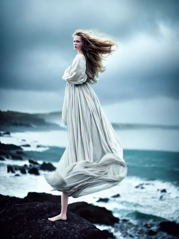 Prompt: cinestill 5 0 d photography of a woman britt marling 3 / 4 style of nicholas fols, 8 0 mm, dress in voile, hair like dark clouds floating on air, mute dramatic colours, soft blur outdoor stormy sea background, volumetric lighting, hyperdetailed, hyperrealistic