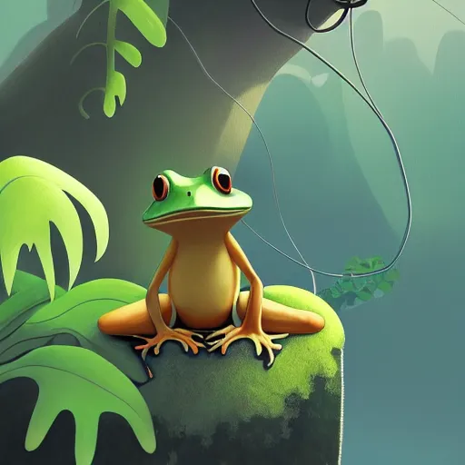 Prompt: national geographic illustration a young little frog in the jungle by goro fujita, painting by goro fujita, sharp focus, highly detailed, artstation