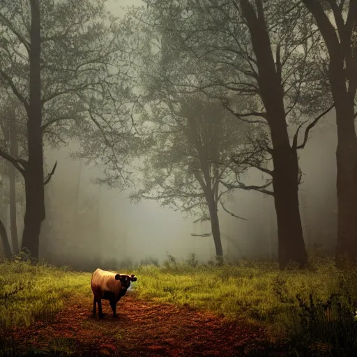 Image similar to Highly realistic painting of a cow standing in the middle of a dark forest, oak trees, fog, moody lighting, volumetric lighting