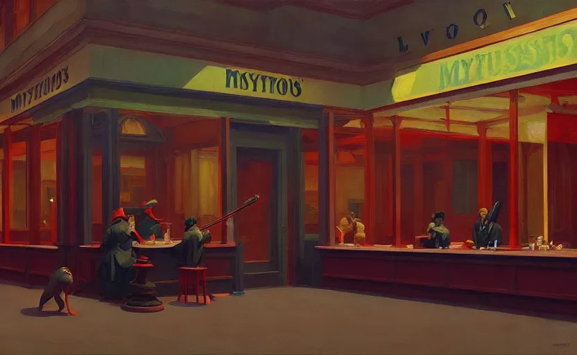 Prompt: Mysteriuos Tavern, very coherent, painted by Edward Hopper, Wayne Barlowe, painted by James Gilleard, airbrush, art by JamesJean