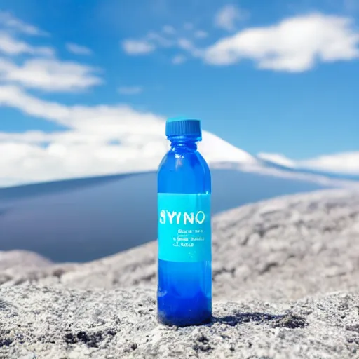 Prompt: symmetrical photo of small white plastic bottle standing in front volcano, products shot