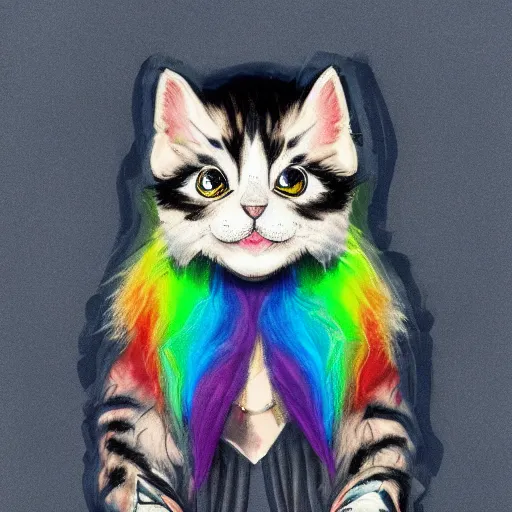 Image similar to wide angle full body, jacket wearing fluffy cute rainbow kitten wearing a black leather motorcycle jacket, concept art