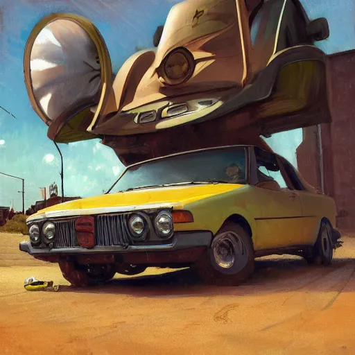 Image similar to A car with a giant fan attached to its hood, diesel punk , , cinematic composition, detailed, Matt painting, oil painting, high res, norman rockwell artwork style,