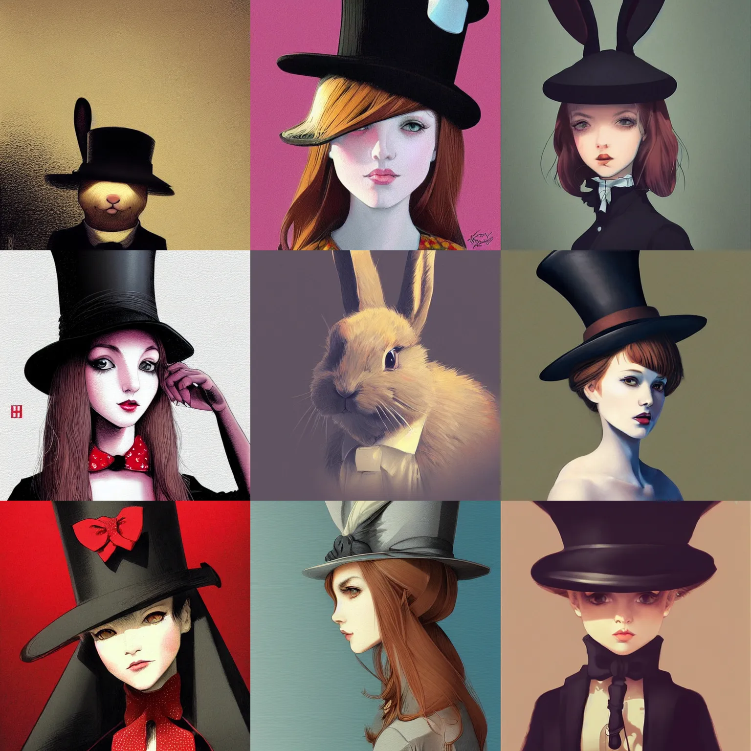 Prompt: a rabbit wearing a victorian hat portrait, illustration by Ilya Kuvshinov, Loish Van Baarle, higly detailed, dramatic light