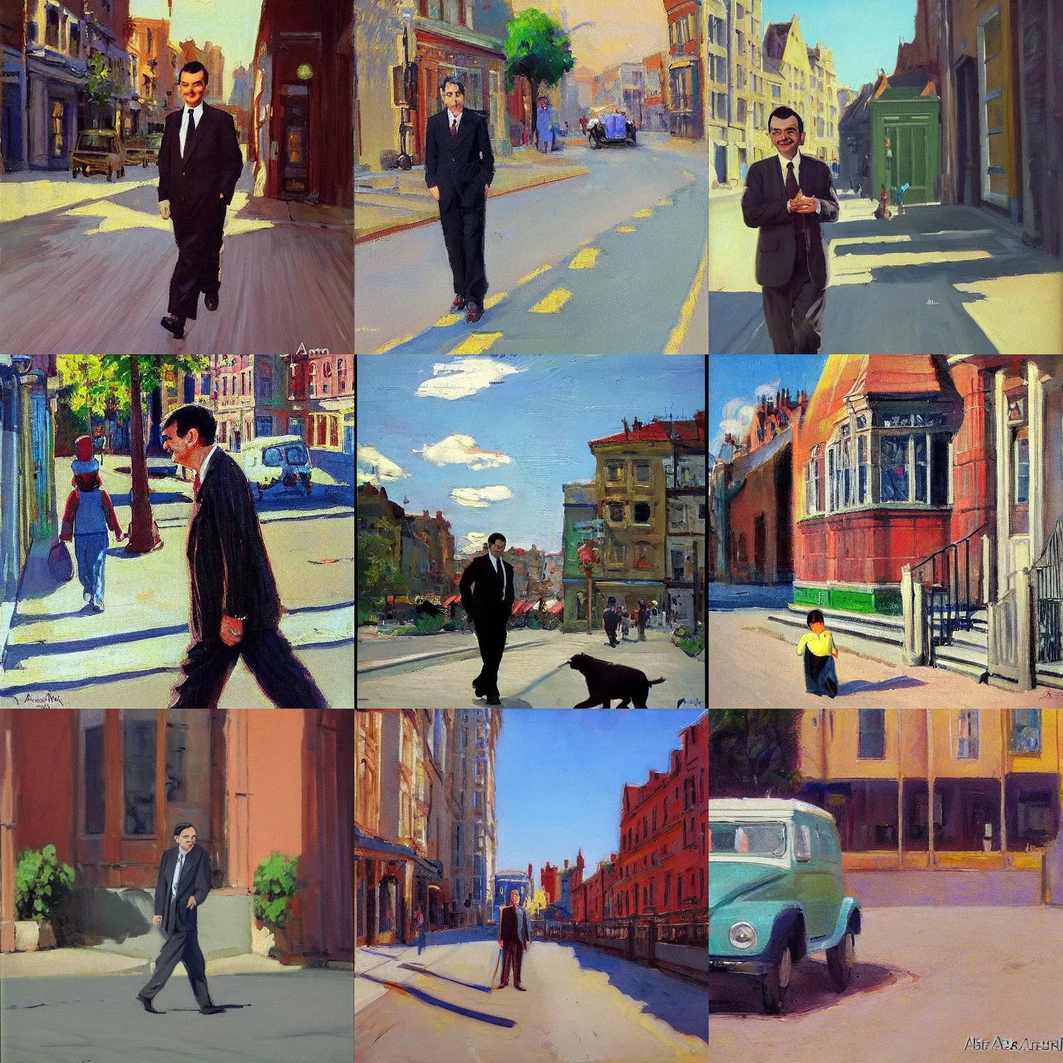 Prompt: mr. bean walks down a street on a sunny day by abram arkhipov