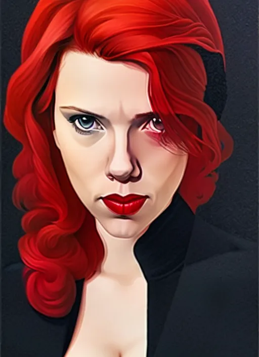 Image similar to phil noto, pretty scarlett johansson black widow, symmetrical eyes, long red hair, full body, city rooftop