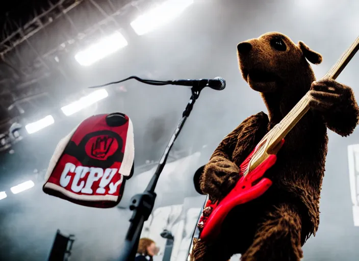 Prompt: photo still of mcgruff the crime dog on stage at vans warped tour!!!!!!!! at age 3 3 years old 3 3 years of age!!!!!!!! shredding on guitar, 8 k, 8 5 mm f 1. 8, studio lighting, rim light, right side key light