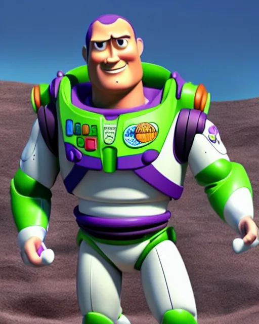 Image similar to Film still close-up shot of Dwayne Johnson as Buzz Lightyear in the movie Toy Story 3. Photographic, photography