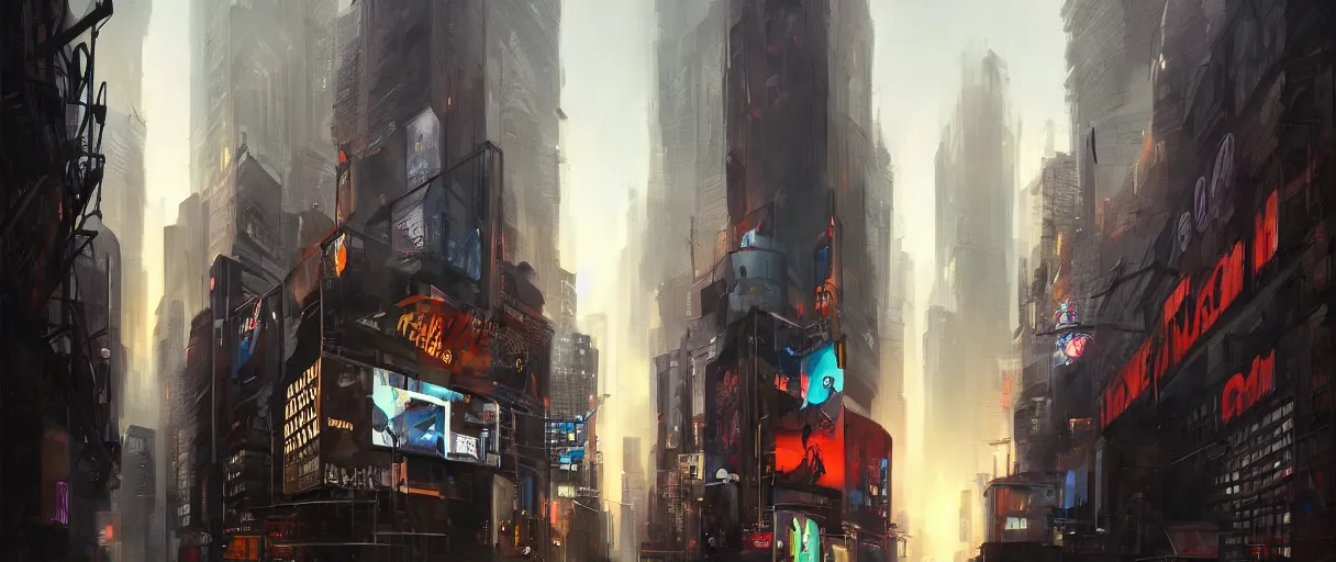 Prompt: huge modern downtown city, billboards, Times Square, dark, concept art, digital painting, style of jordan grimmer, warm lighting, futuristic, volumetric lighting, view from below, daytime, godrays , high detail