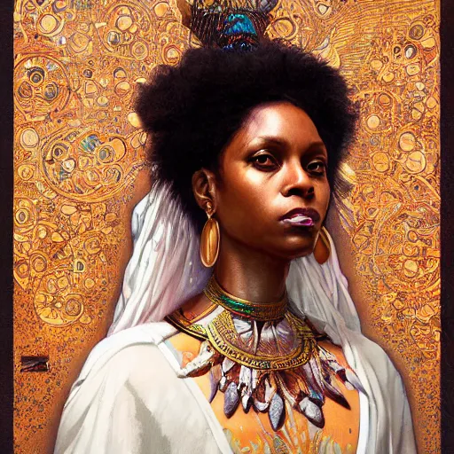 Image similar to Puma Badu as a goddess , A stunning masterpiece, Highly Detailed, Photorealism, by Greg rutkowski, Sachin Teng, Thomas Kindkade, Alphonse Mucha, Norman Rockwel